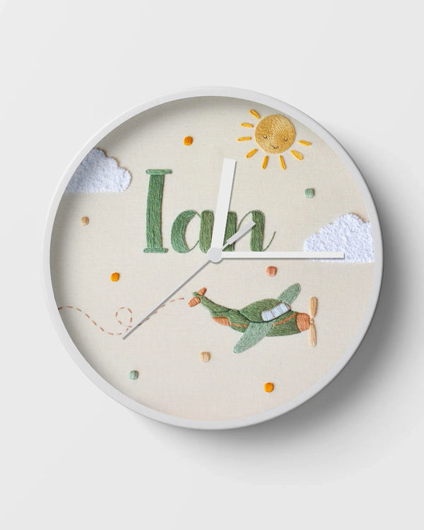 Airplane clock with green spiral plane embroidery and personalized name