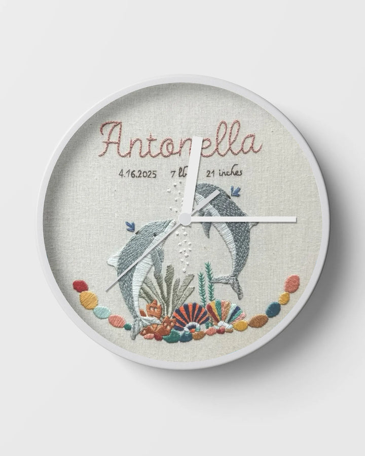 Coastal Wall Clock with Dolphins Playing and Birth Details