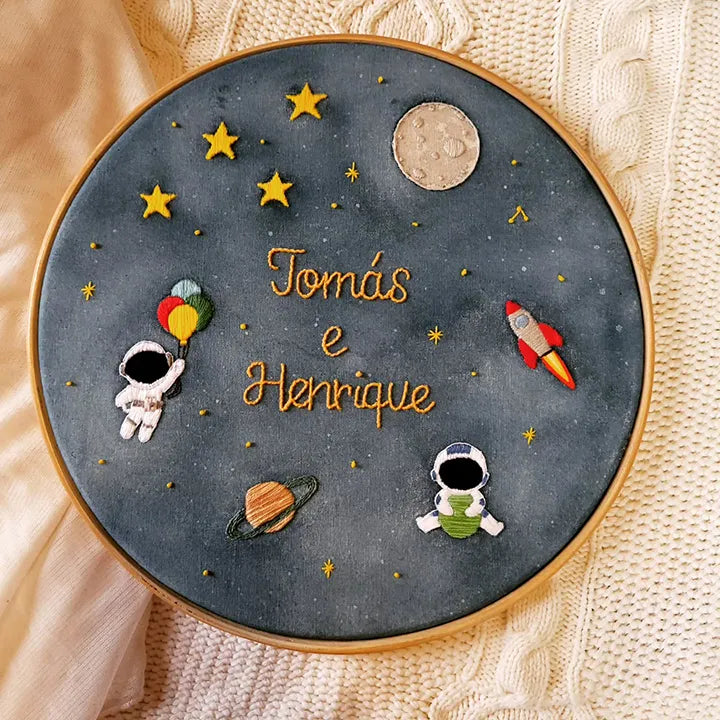 Custom Embroidery Clock Face with space-themed decorations