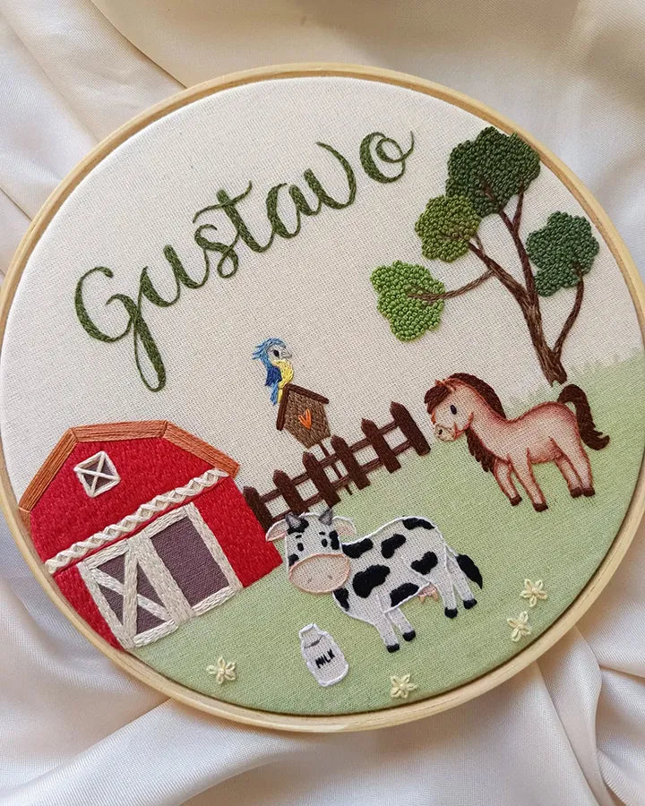 Custom farmhouse clock with hand stitched barn and farm animals on white fabric