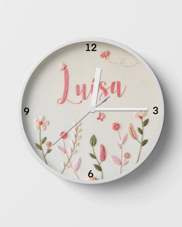 Custom flower clock with hand stitched pink wildflowers and botanical design