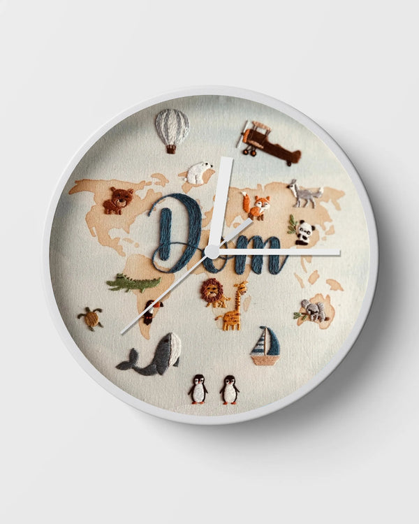 World map wall clock with educational animals and personalized name embroidery