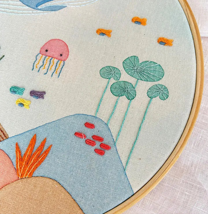 Embroidery hoop with a colorful underwater scene