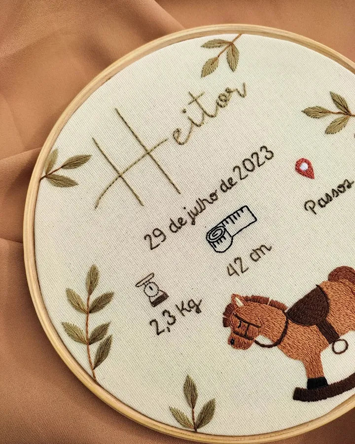 Embroidery hoop with embroidered baby birth details