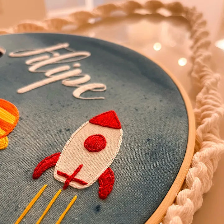 Embroidery hoop with embroidered rocket design