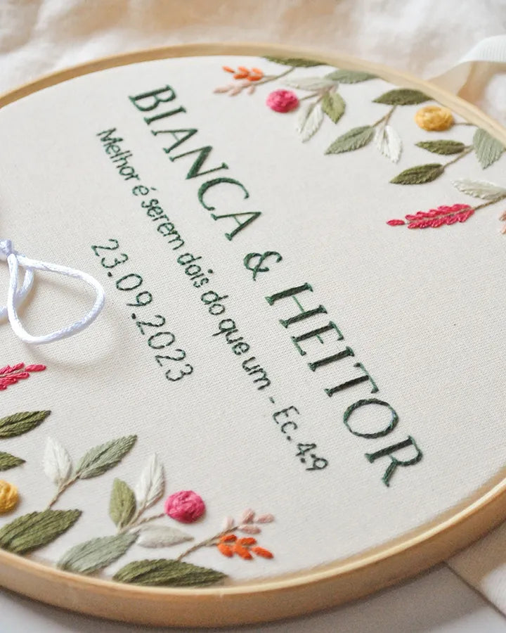 Embroidery hoop with floral designs and couple name' on a white background