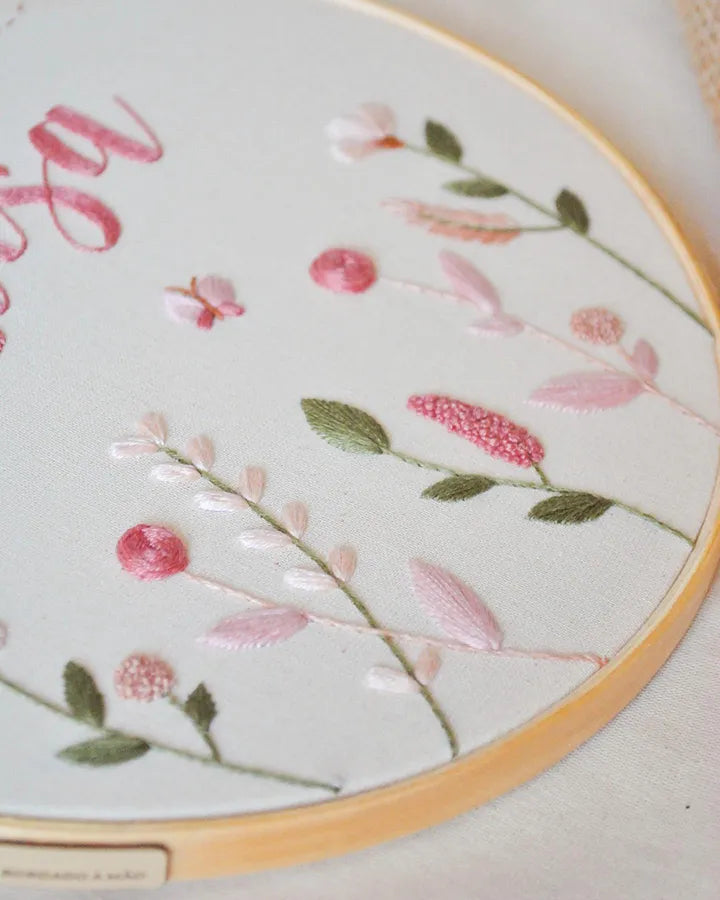Embroidery hoop with floral pattern on a light background
