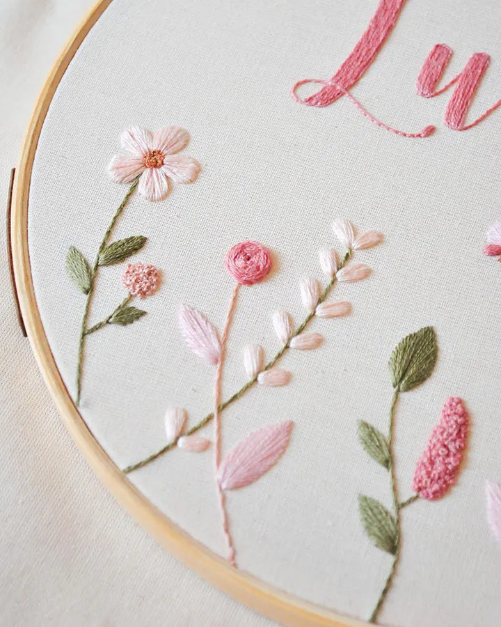 Embroidery hoop with pink floral design