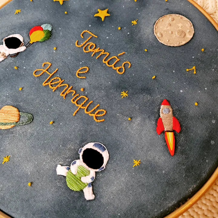 Embroidery hoop with space-themed decorations