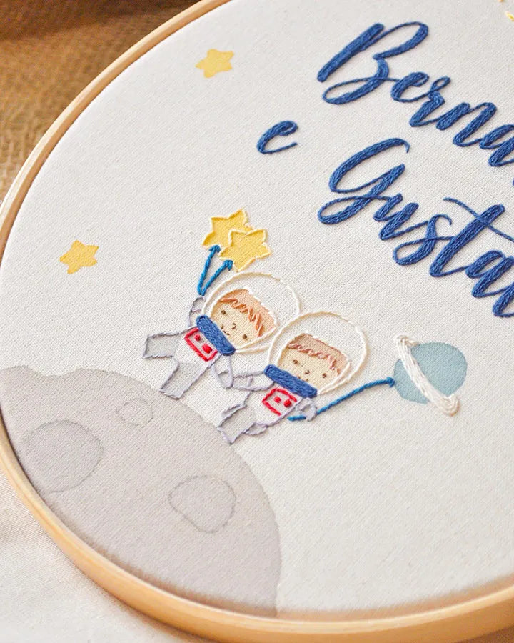 Embroidery hoop with two astronauts