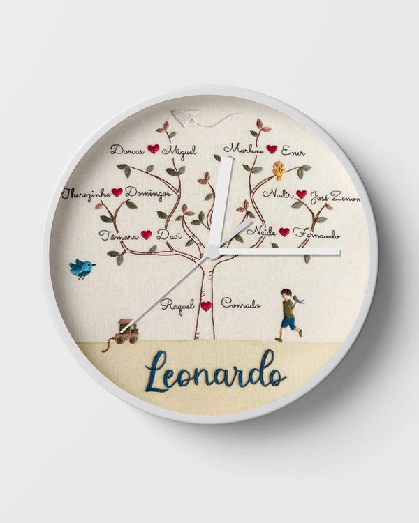 Family name clocks personalized with family tree embroidery