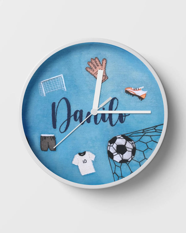 Football clock with personalized name embroidery and detailed football field scene