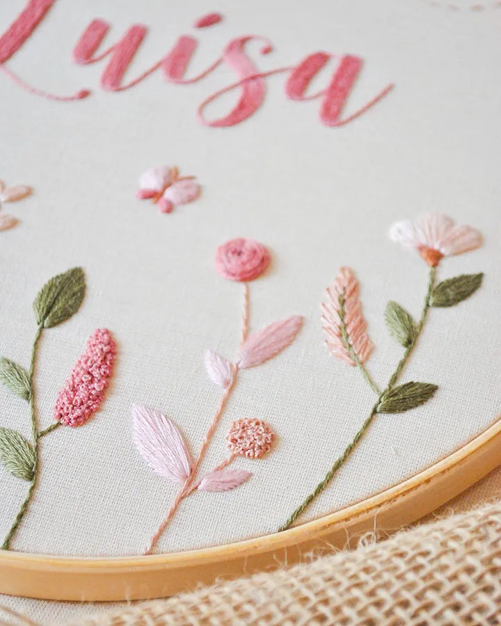Embroidery hoop with pink floral design and name