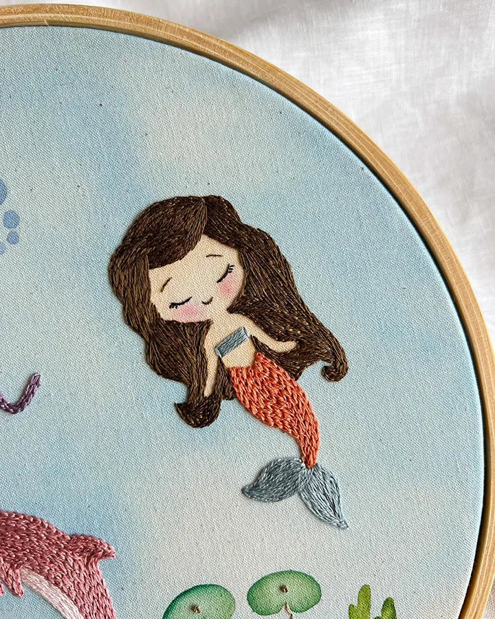 Handmade baby gifts mermaid clock with dolphin and coral embroidery details