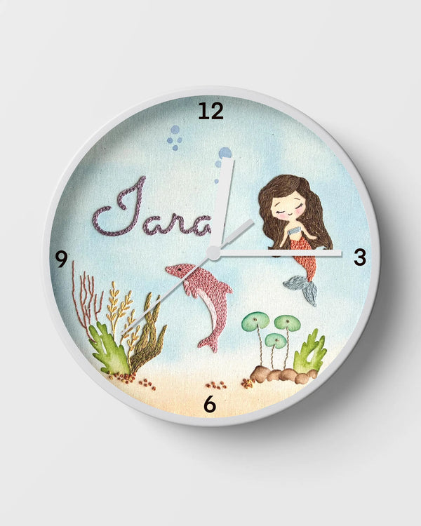Mermaid baby clock with personalized baby face embroidery and coral reef design