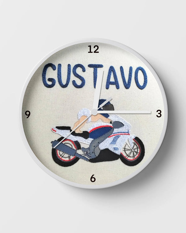 Motorbike wall clock with baby biker embroidery and personalized name