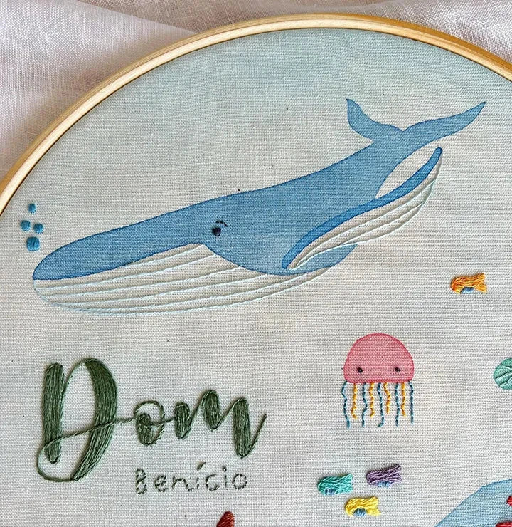 Name Embroidery hoop with whale design