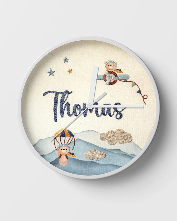Personalised wall clock with teddy bear airplane adventure embroidery