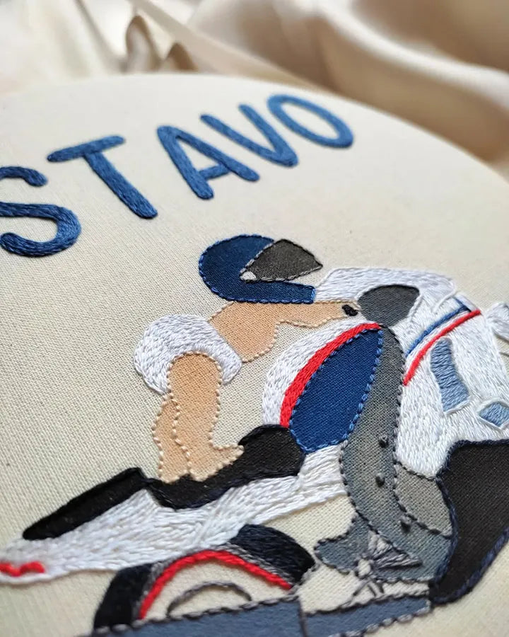 Personalized baby boy gifts featuring hand-embroidered motorcycle design