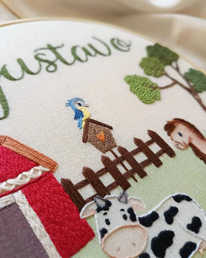 Personalized farmhouse clock featuring red barn, cow, horse and tree design close-up