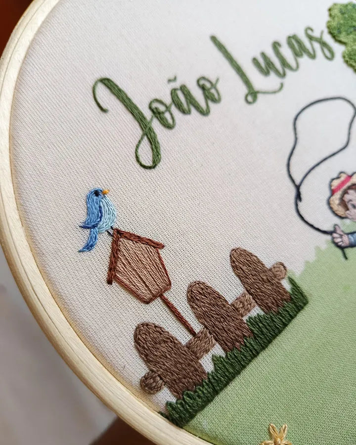 Personalized farmhouse wall clock bird embroidery close-up