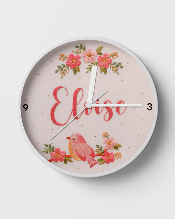 Pink floral clock with bird embroidery personalized for kids room decor
