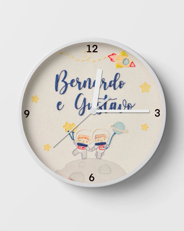 Twin astronauts cosmic clock with two names for siblings birthday gift