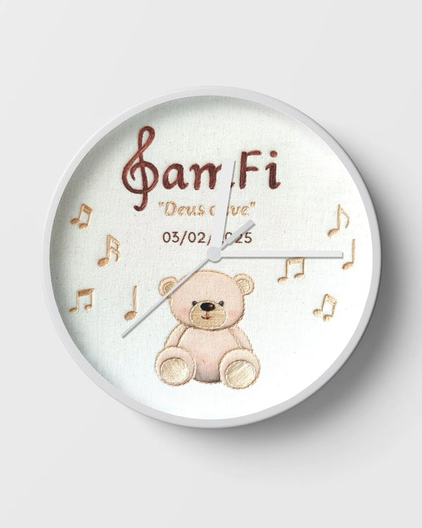 Wall clock with teddy bear design and musical elements
