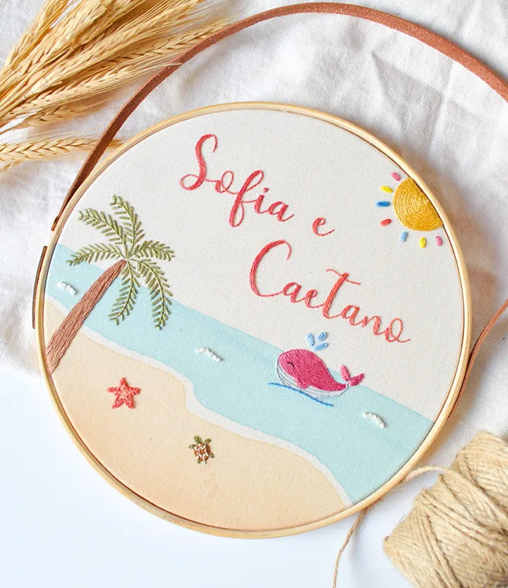 custom Embroidery hoop with beach-themed design
