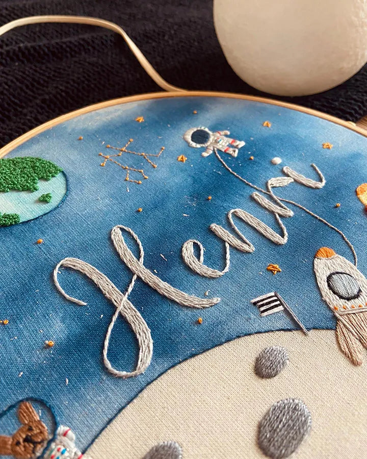 custom space themed embroidery hoop