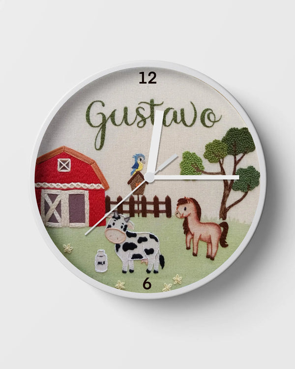 Wall clock with farm-themed design and name