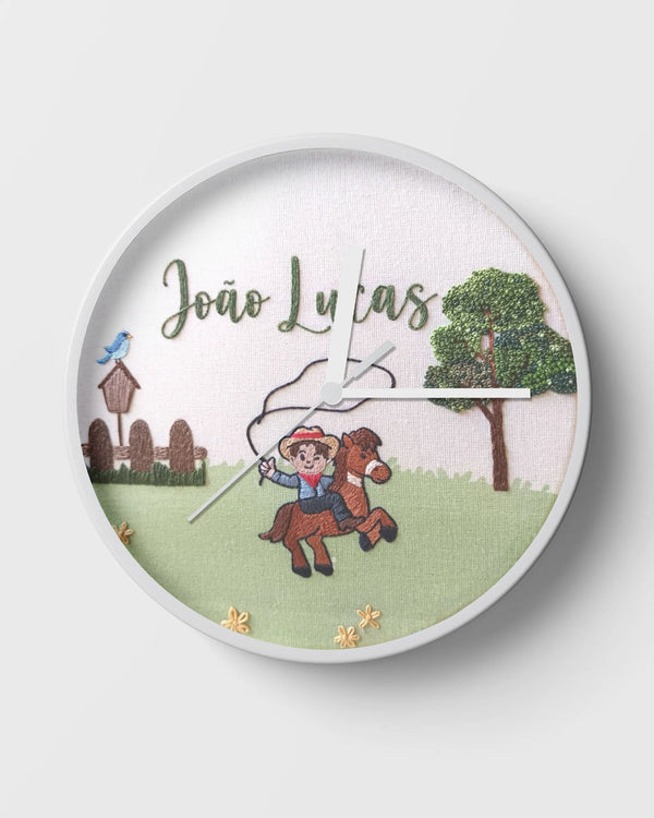 Custom farmhouse wall clock with hand stitched little cowboy on horse design