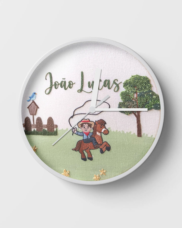 Custom farmhouse wall clock with hand stitched little cowboy on horse design